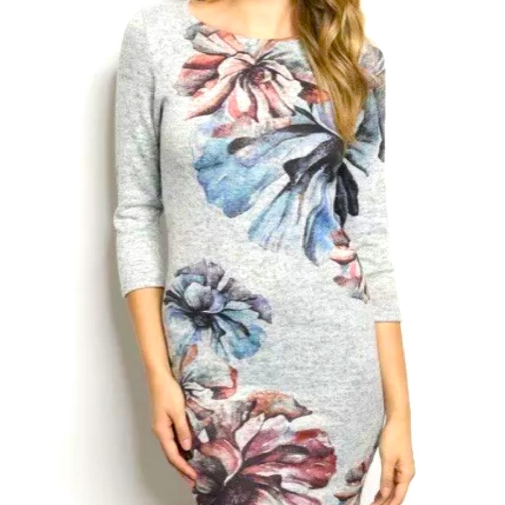 Ginger G 3/4 Sleeve Gray Floral Dress